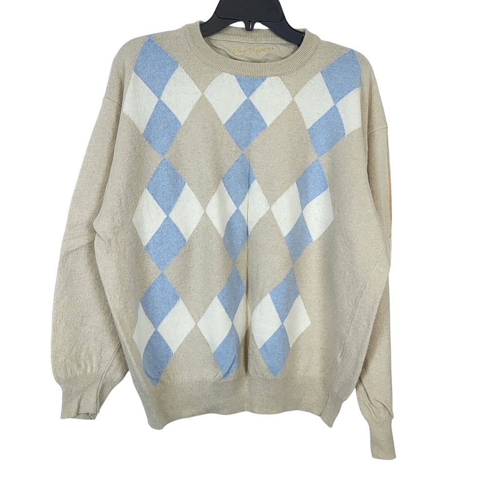 Ben Hogan Men Preppy Tan Wool Cashmere Blend Argyle Classic Golf Sweater XXL Vtg